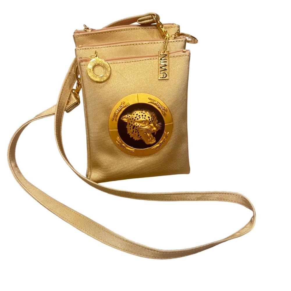 NIMA Vintage Y2K Gold Tone Fabric Crossbody Leopard Medallion Triple Zip EUC 8x6